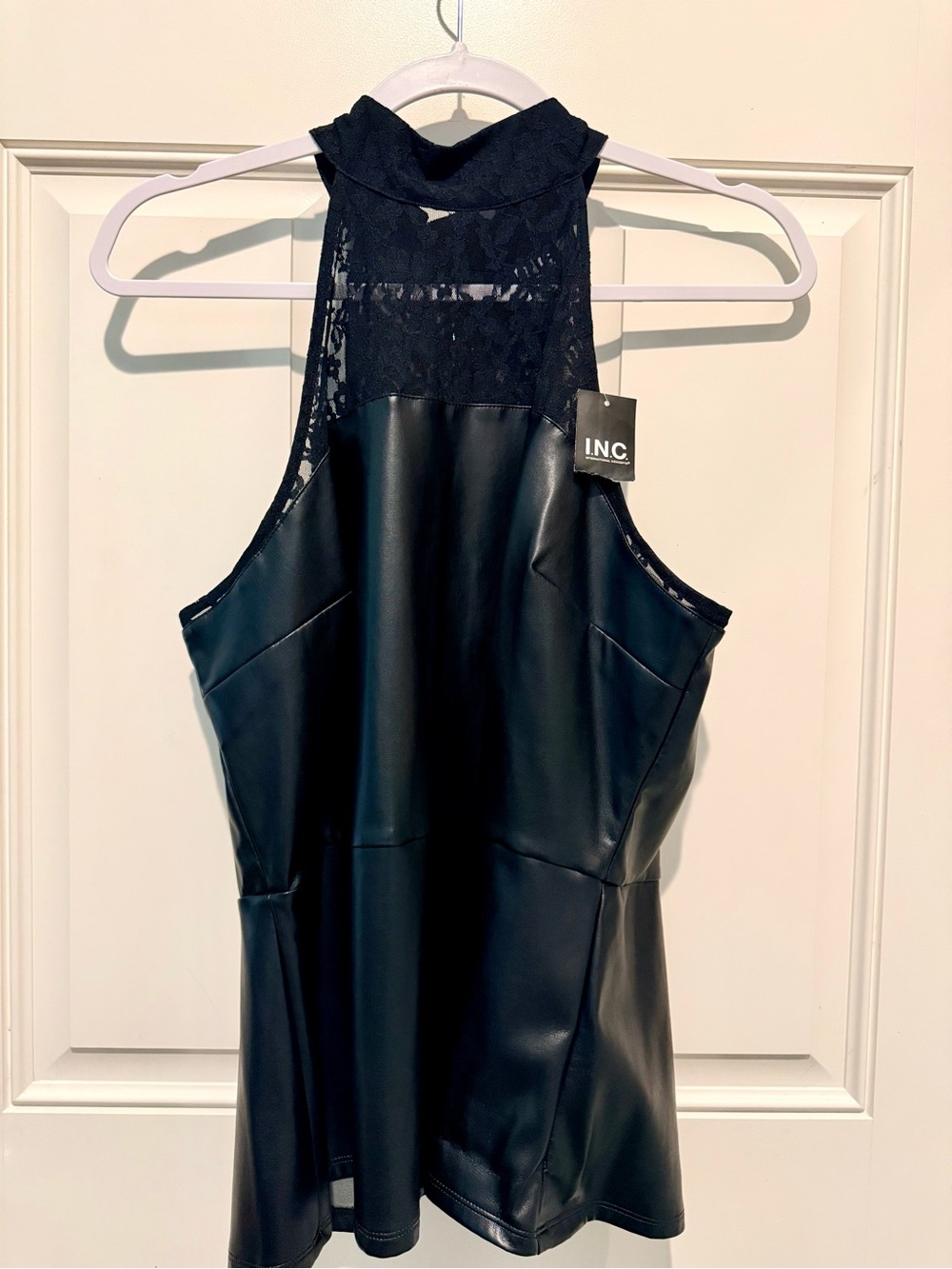 INC International Concepts Black Faux Leather & Lace Halter Camisole